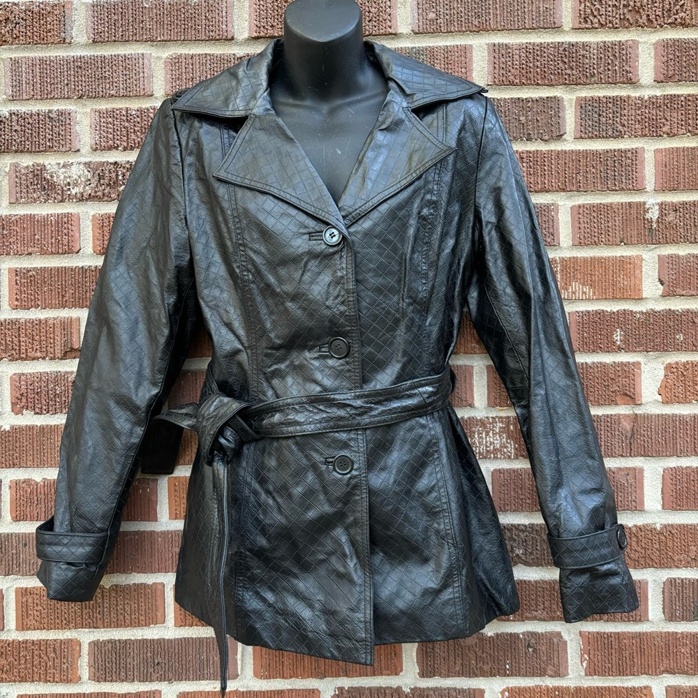 Dialogue Black Notch Lapel Belted Embossed Leather Jacket Womens Size S